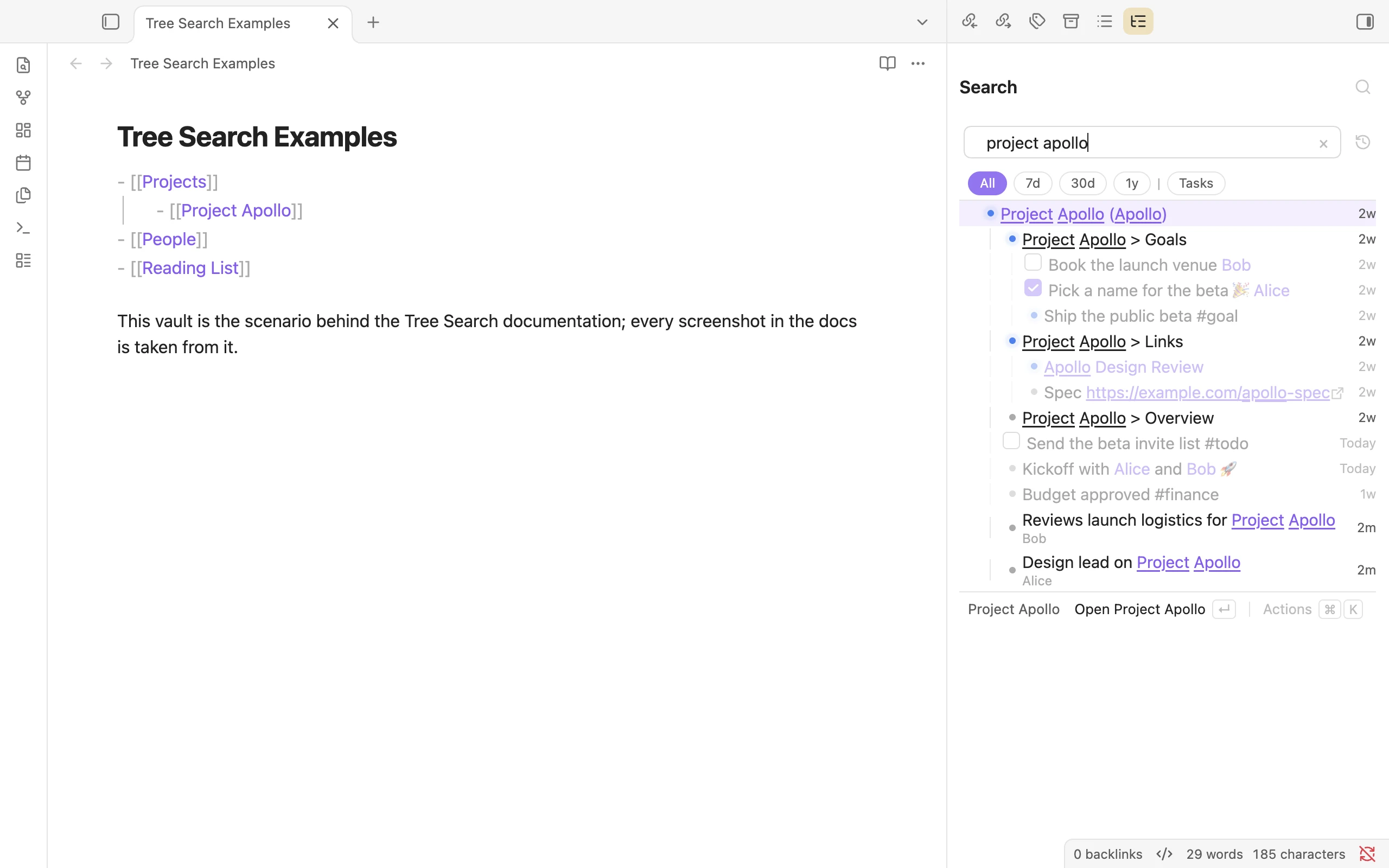 The Search pane showing everything about Project Apollo